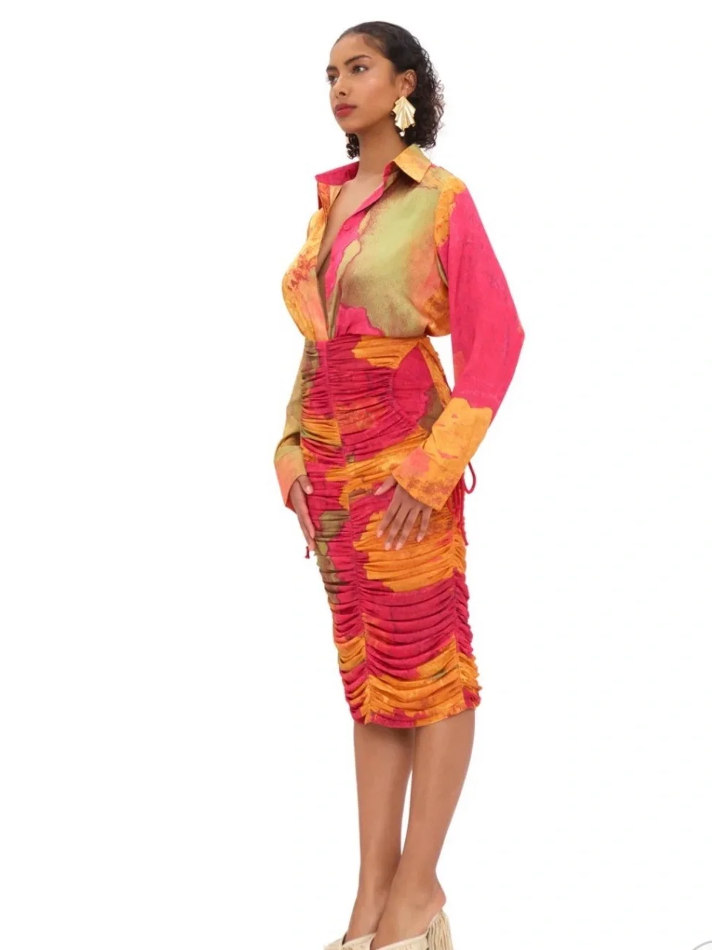 Andrea Iyamah TAKA Mesh Ruched Midi SKIRT in Pink & Orange ERO - II PRT NEW NWT